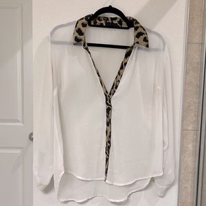 White & Leopard Button Down Blouse
